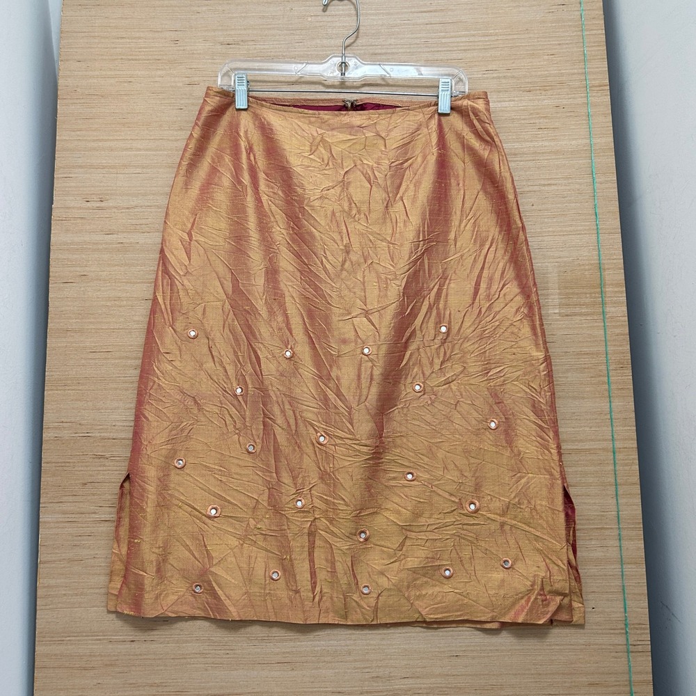 Anthropologie Gold Iridescent Mirror Embellished Midi Skirt Size 12 Made in USA